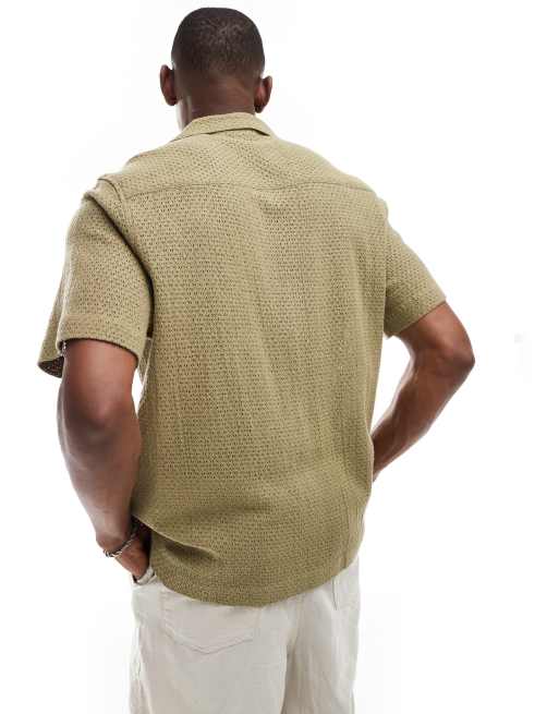 ASOS DESIGN relaxed deep revere basket weave shirt in khaki, 2 of 4