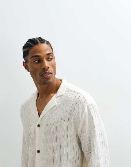 ASOS DESIGN relaxed deep revere broderie shirt in cream, 3 of 5
