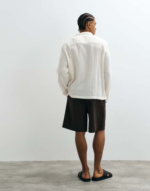 ASOS DESIGN relaxed deep revere broderie shirt in cream, 4 of 5