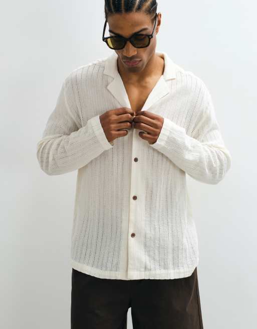 ASOS DESIGN relaxed deep revere broderie shirt in cream, 5 of 5