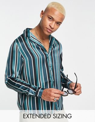 ASOS DESIGN relaxed deep revere satin shirt in blue and grey stripe