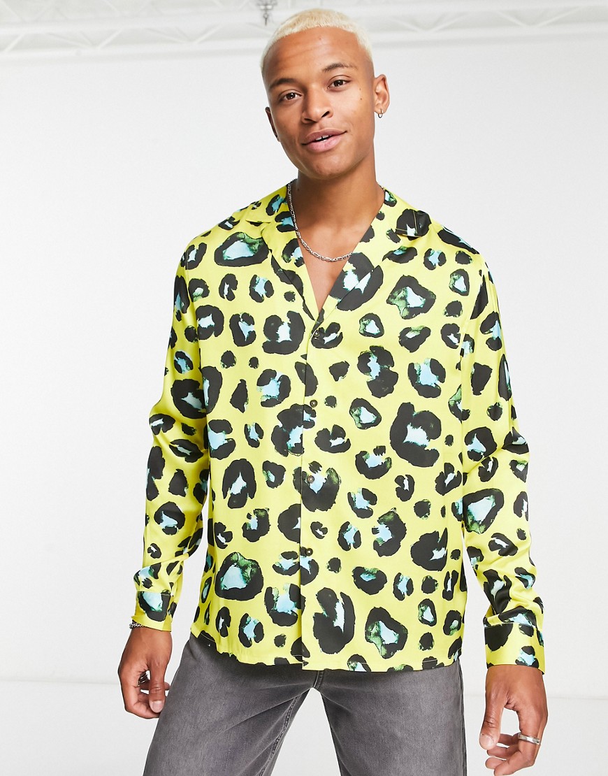 Asos Design Relaxed Deep Revere Satin Shirt In Bright Leopard Print-Yellow