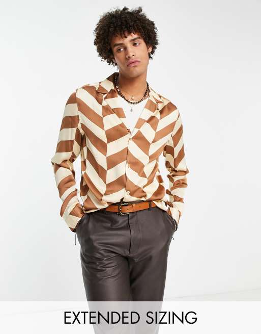 ASOS DESIGN relaxed revere shirt in brown with border print and