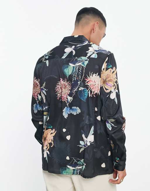 ASOS DESIGN relaxed deep revere satin shirt in dark floral print