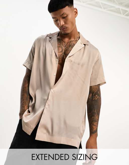 ASOS DESIGN relaxed deep revere satin shirt in mushroom gray | ASOS