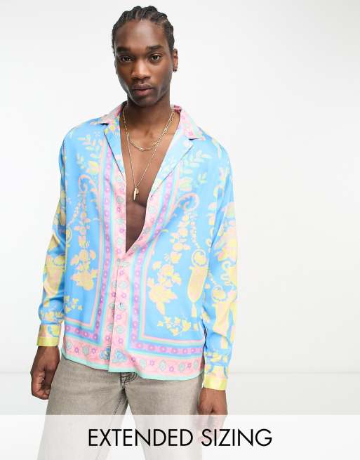 ASOS DESIGN relaxed deep revere satin shirt with border print | ASOS