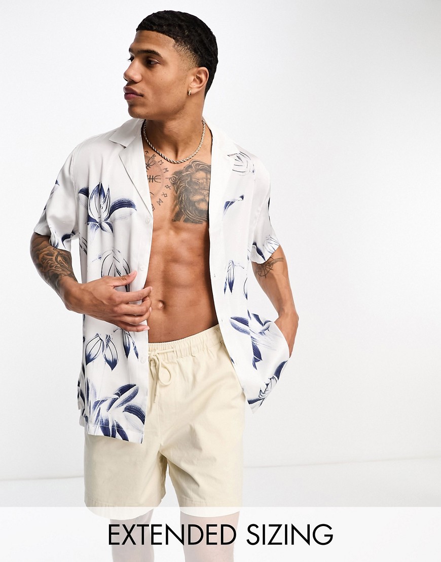 ASOS DESIGN relaxed deep revere satin shirt with floral print-White