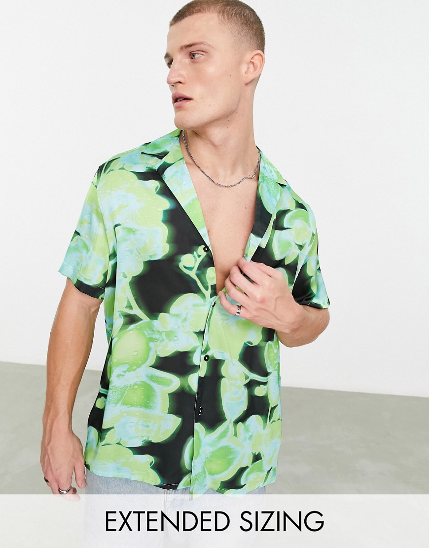ASOS DESIGN relaxed deep revere satin shirt with green orchid floral print
