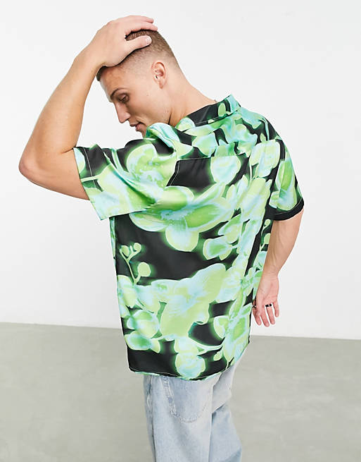 ASOS DESIGN relaxed deep revere satin shirt with green orchid