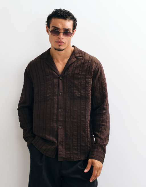 ASOS DESIGN relaxed deep revere sheer flowing shirt in brown, 4 of 5