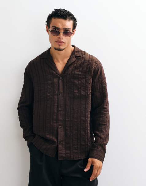 ASOS DESIGN relaxed deep revere sheer shirt in brown - view 1