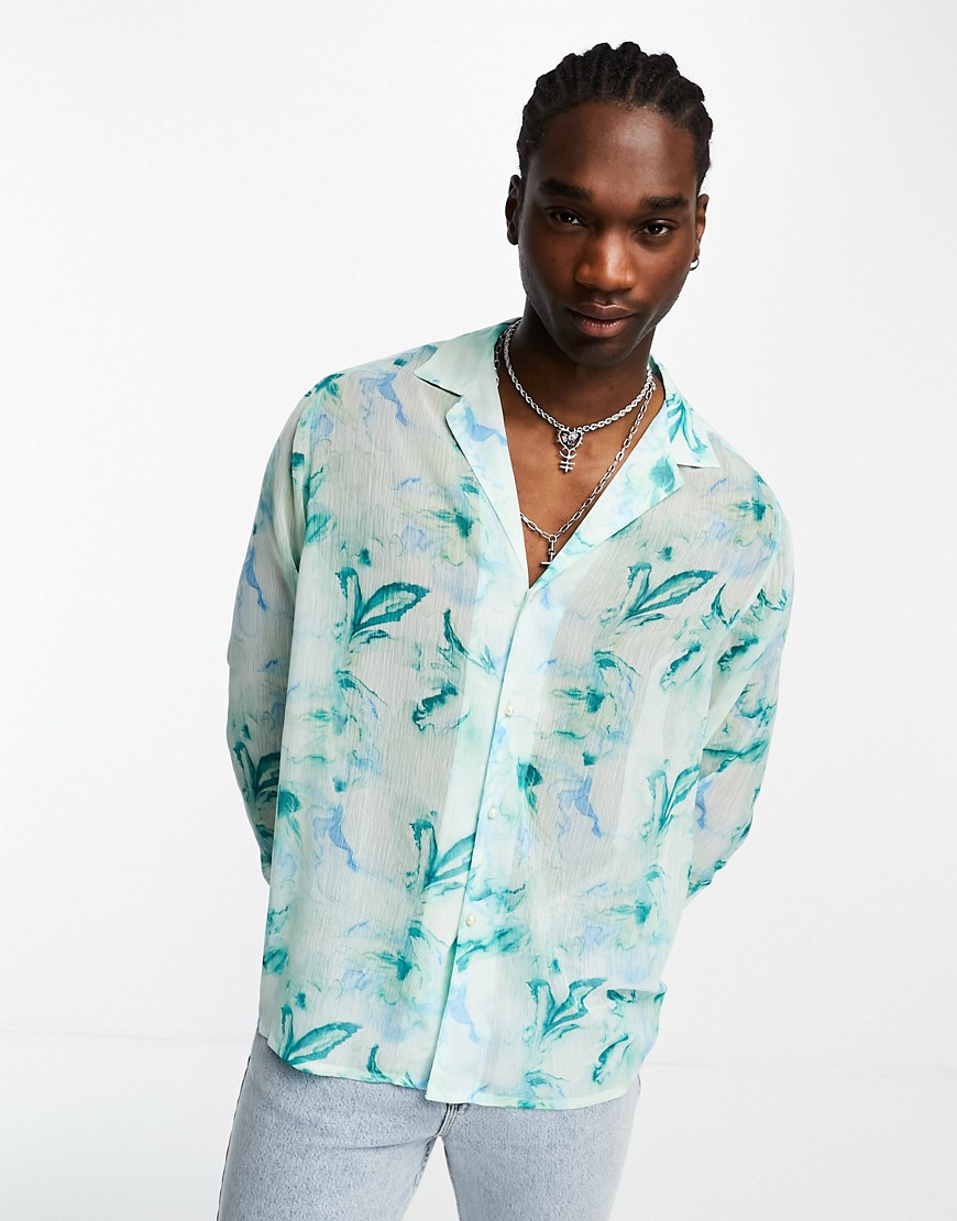 ASOS DESIGN relaxed deep revere sheer shirt in watercolour floral print-Green