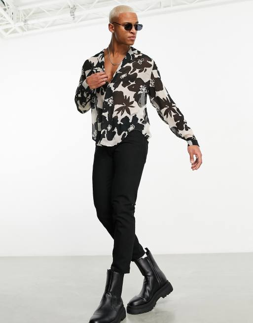 ASOS DESIGN relaxed deep revere sheer shirt with floral print, 2 of 4