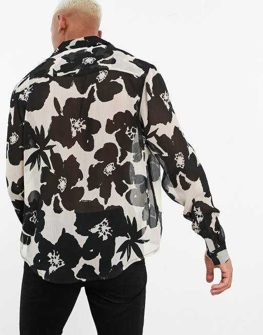 ASOS DESIGN relaxed deep revere sheer shirt with floral print, 3 of 4