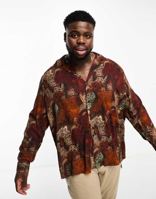 ASOS DESIGN relaxed deep revere shirt in brown abstract animal print, 3 of 4