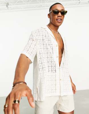 ASOS DESIGN relaxed deep revere shirt in crochet lace pattern