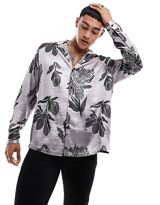ASOS DESIGN relaxed deep revere shirt in floral jacquard in silver | ASOS