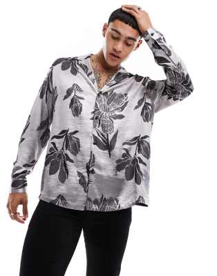 ASOS DESIGN relaxed deep revere shirt in floral jacquard in silver