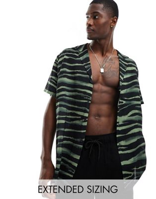 ASOS DESIGN relaxed deep revere shirt in khaki abstract zebra print - ASOS Price Checker