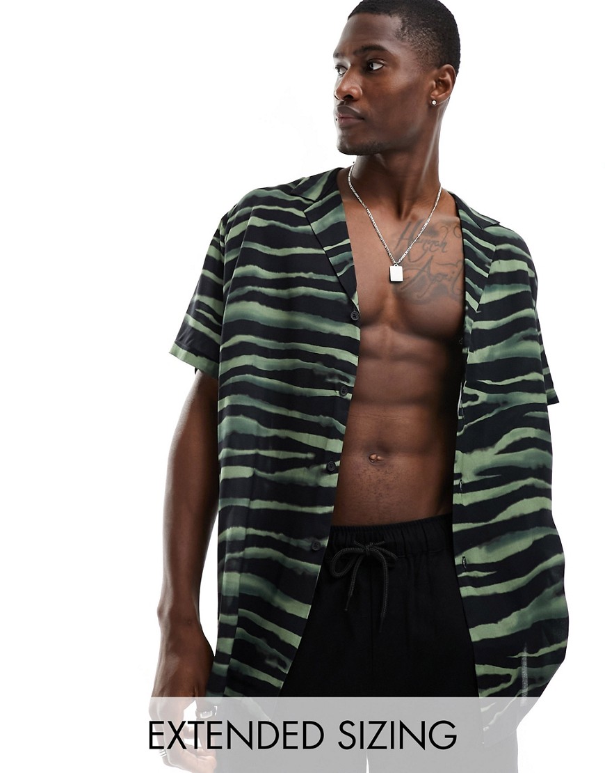 ASOS DESIGN relaxed deep revere shirt in khaki abstract zebra print-Black