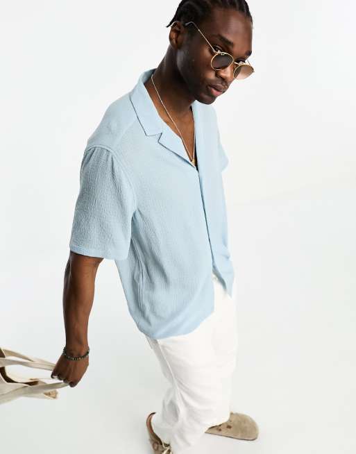 ASOS DESIGN relaxed deep revere shirt in lightweight texture in sky ...