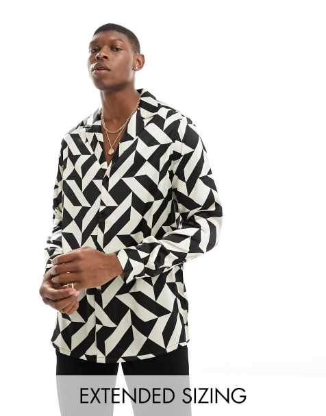 ASOS DESIGN relaxed deep revere shirt in monochrome geo print - view 1