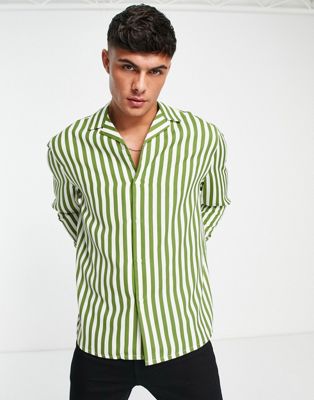 ASOS DESIGN relaxed deep revere shirt in olive green stripe