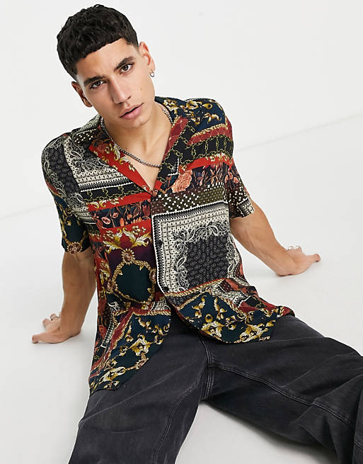  relaxed deep revere shirt in patchwork baroque print 