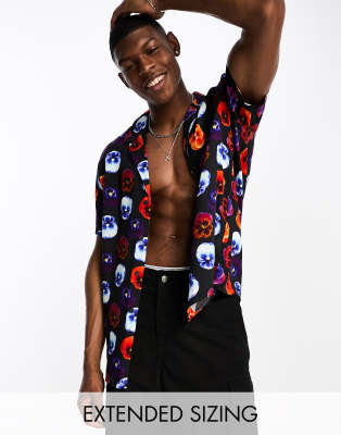 Asos Design Relaxed Deep Revere Shirt In Photographic Floral-black
