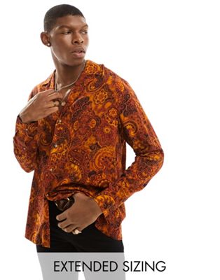 Asos Design Relaxed Deep Revere Shirt In Red Paisley Print