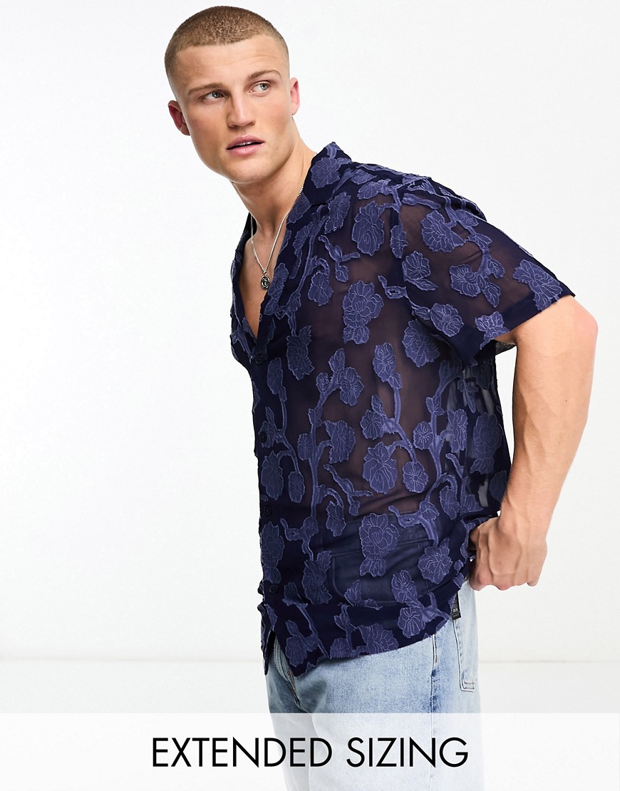 ASOS DESIGN relaxed deep revere shirt in sheer burnout floral in navy