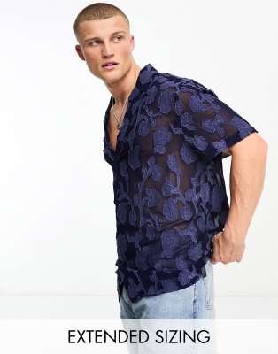 ASOS DESIGN relaxed deep revere shirt in sheer burnout floral in navy ...