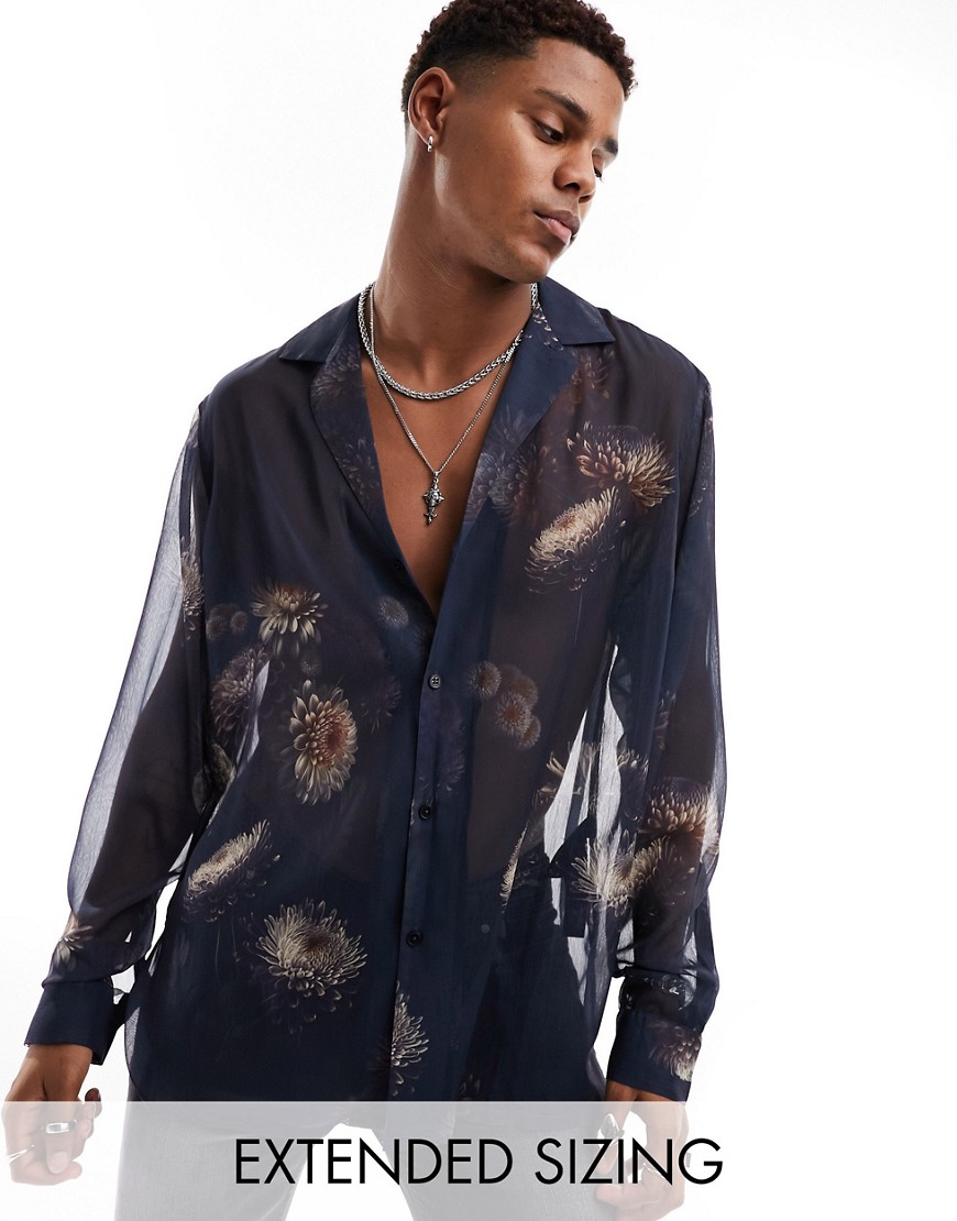 ASOS DESIGN relaxed deep revere shirt in sheer photographic floral print-Navy