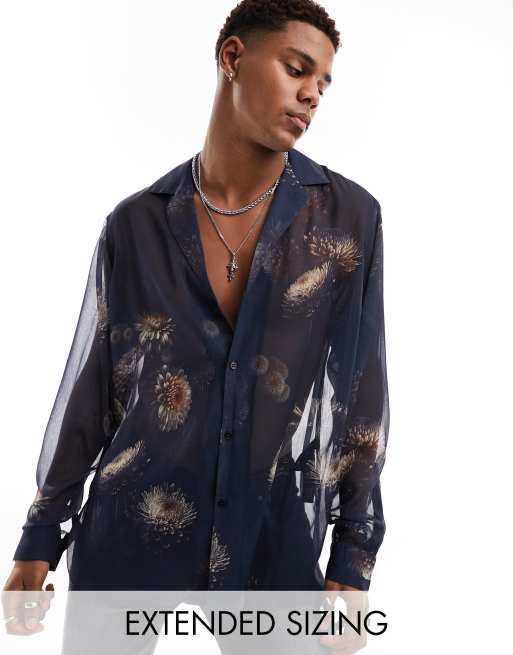 ASOS DESIGN relaxed deep revere shirt in sheer photographic floral ...