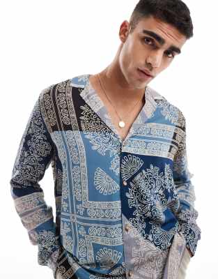 ASOS DESIGN ASOS DESIGN relaxed deep revere shirt in spliced bandana print in blue-Multi