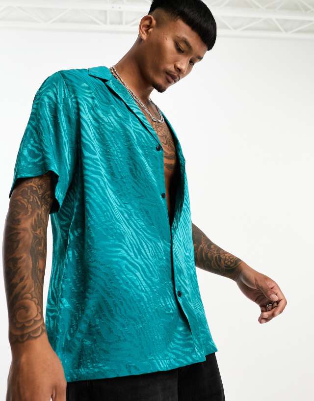 ASOS DESIGN relaxed deep revere shirt in teal zebra jacquard