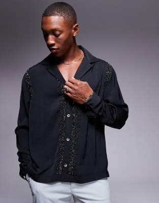 ASOS DESIGN ASOS DESIGN relaxed deep revere shirt with embellishment in black