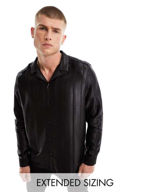 FhyzicsShops DESIGN relaxed deep revere striped jacquard satin shirt in black