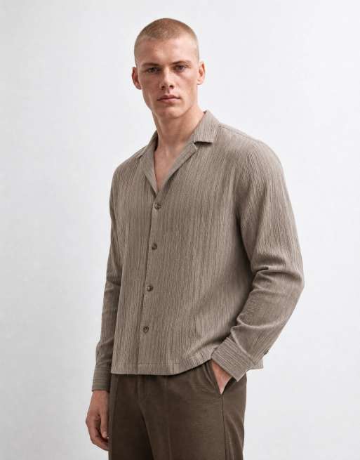 ASOS DESIGN relaxed deep revere textured shirt in brown, 8 of 10