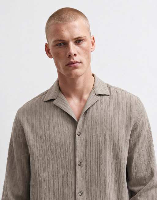 ASOS DESIGN relaxed deep revere textured shirt in brown, 9 of 10