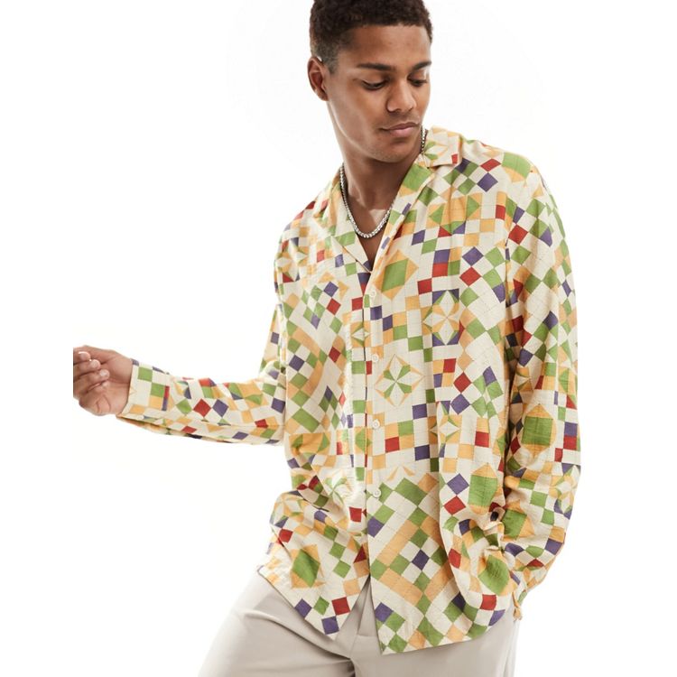 ASOS DESIGN relaxed deep revere textured shirt in patchwork quilt