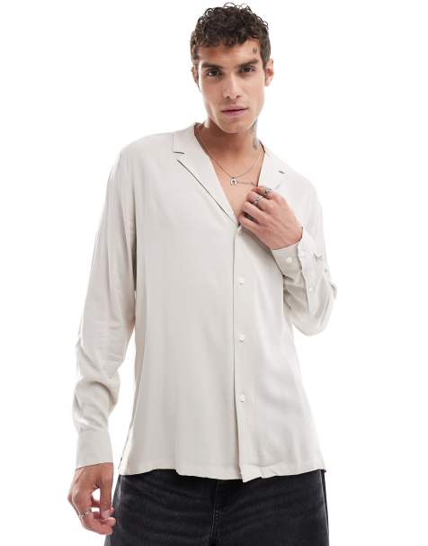ASOS DESIGN relaxed deep revere viscose shirt in stone - view 1