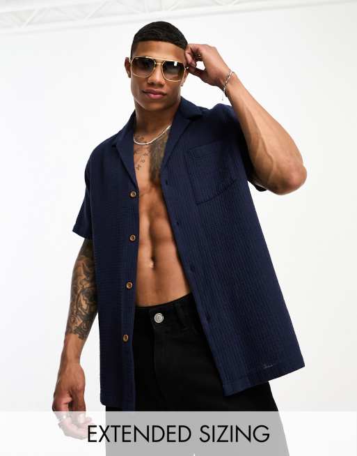 ASOS DESIGN relaxed deep revere waffle shirt in navy