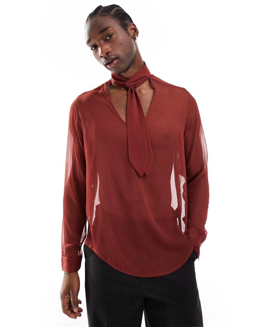 Asos Design Relaxed Deep V Neck Shirt With Attached Tie Neck In Rust-brown