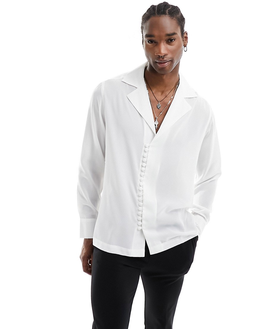 Asos Design Relaxed Deep Wide Revere Shirt With Loop Button Detail In White