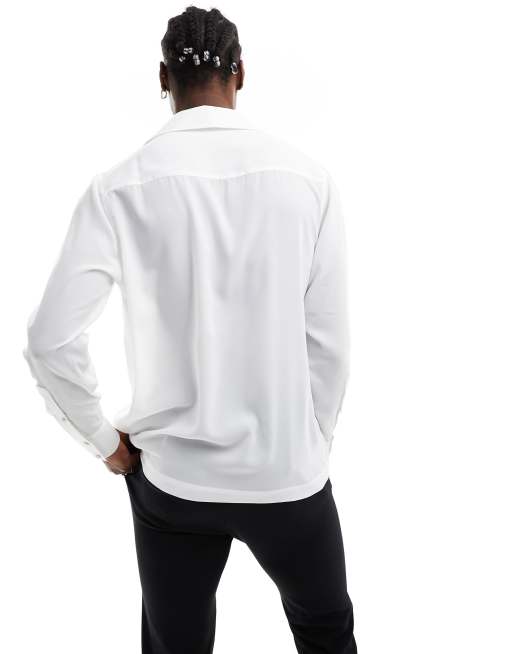 ASOS DESIGN relaxed deep wide revere shirt with loop button detail in white, 4 of 4