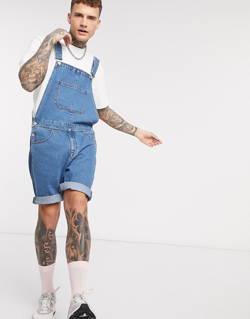 ASOS DESIGN relaxed denim dungaree shorts in mid wash-Blue