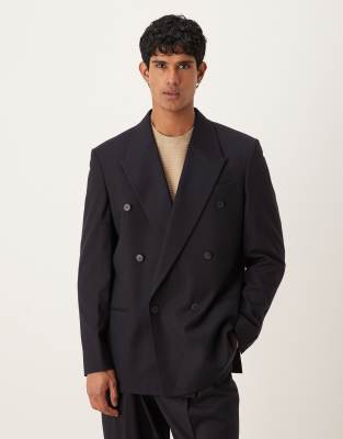 Asos Design Relaxed Double Breasted Jacket With Subtle Woven Stripes In Animal Print