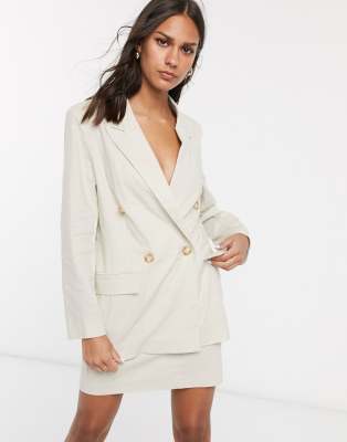 Asos Design Relaxed Double Breasted Linen Suit Blazer-stone