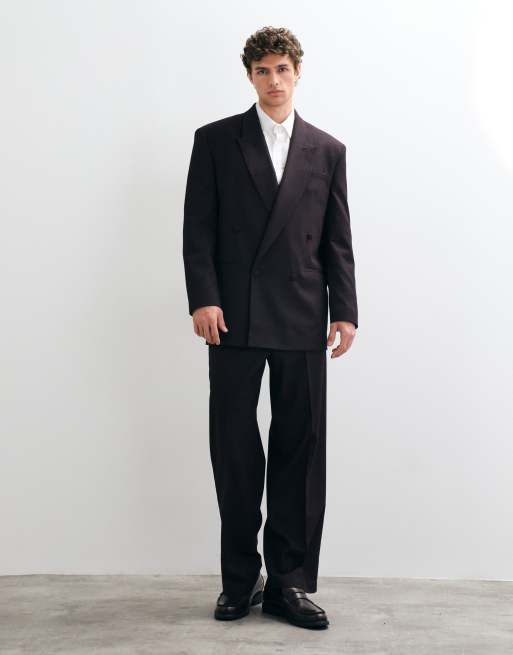 ASOS DESIGN relaxed double breasted suit jacket in burgundy metallic pinstripe, 2 of 5